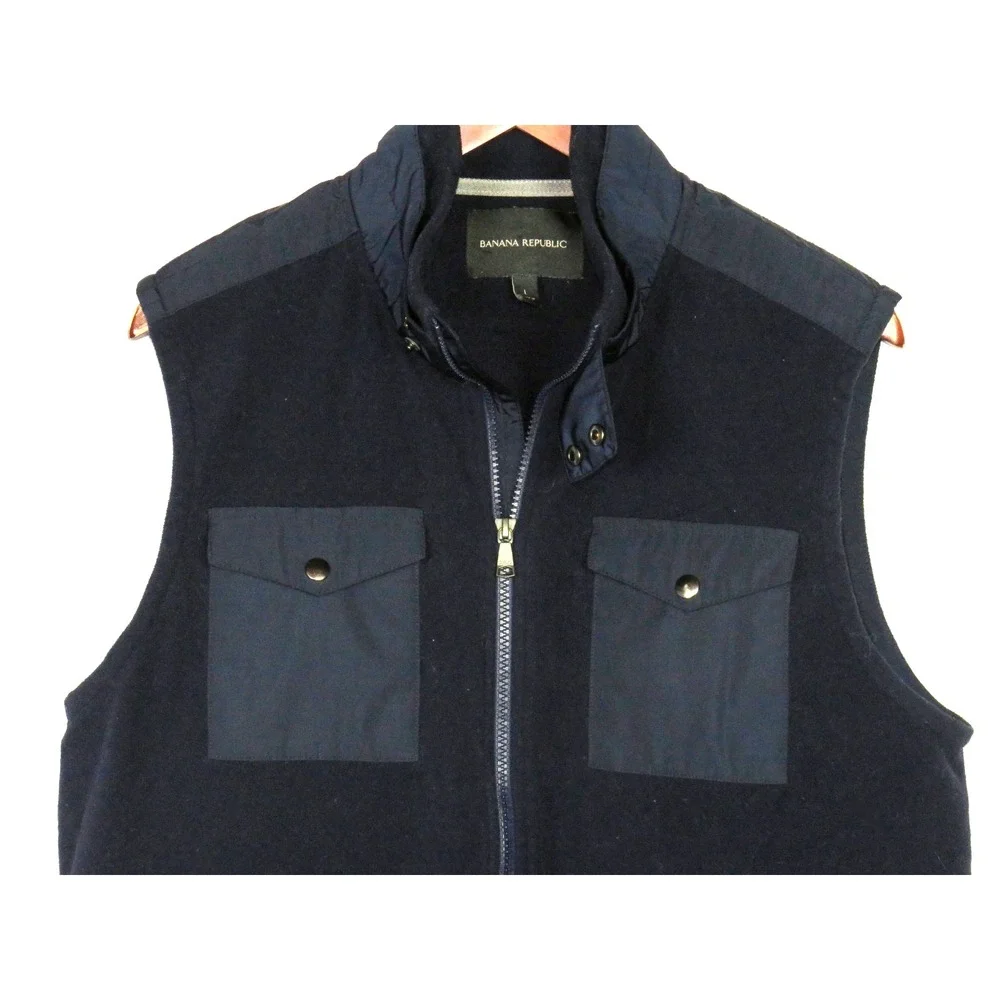Banana Republic Zip-Up Navy Blue Snap Pockets Fleece‎ Vest Jacket Men's Large